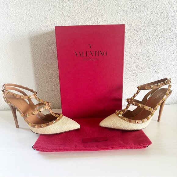 Valentino Garavani Shoes - Valentino Garavani Rockstud Brown Leather Raffia Strappy Caged Heels